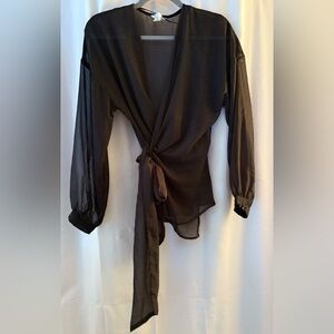 Six One Eight Women’s Black Sheer Polka Dot Long Sleeve Wrap Blouse; Size M